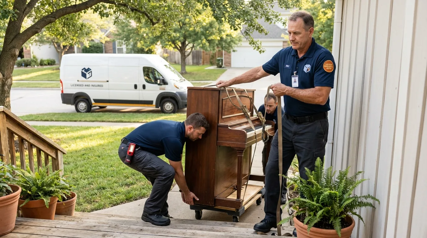Licensed piano movers securing grand piano in West Terre Haute, IN