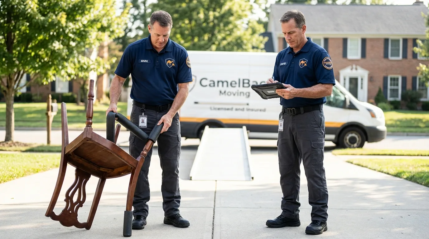 Movers inspecting furniture for damage prevention before loading in West Terre Haute, IN
