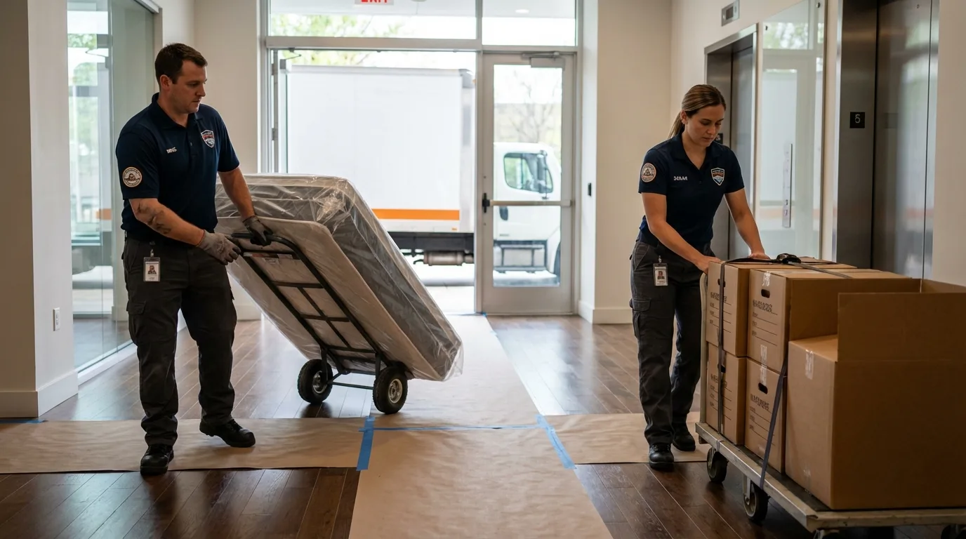 Professional apartment movers loading elevator in West Terre Haute, IN