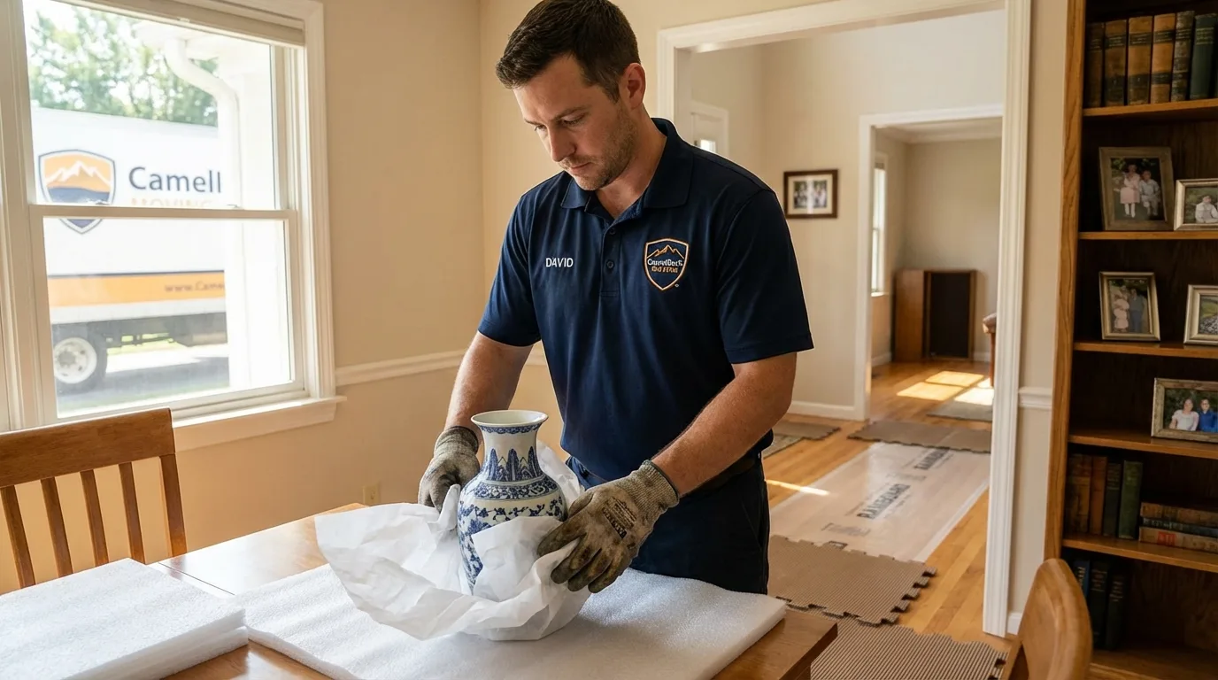 Professional crew carefully wrapping antique vase for senior downsizing move in West Terre Haute, IN