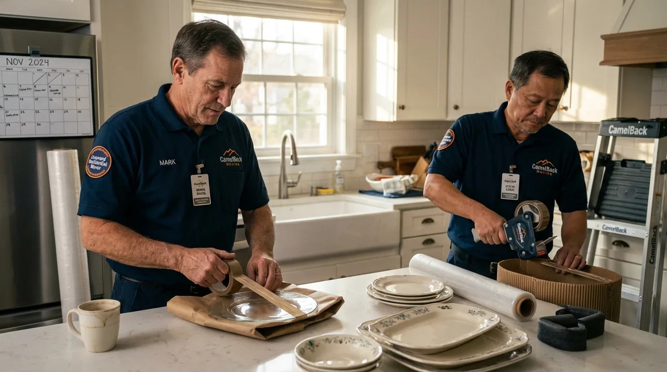Professional crew packing kitchen dishware in West Terre Haute, IN